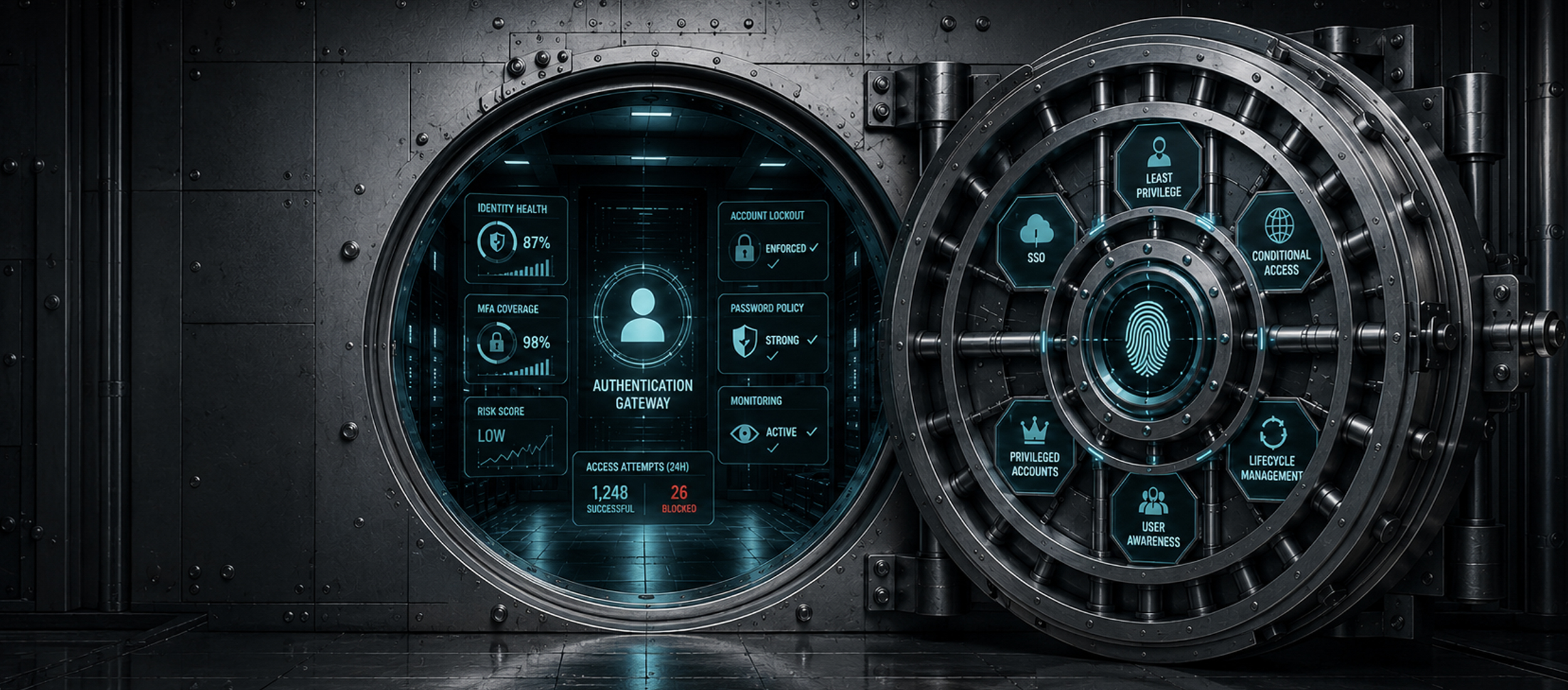 Open cyber vault displaying identity security controls and authentication monitoring