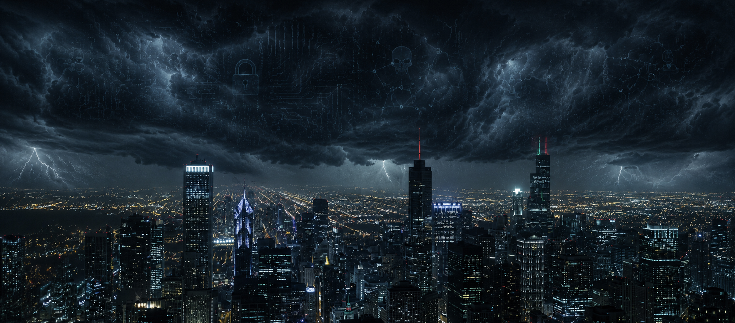 A city skyline beneath a massive storm cloud embedded with cybersecurity symbols and lightning