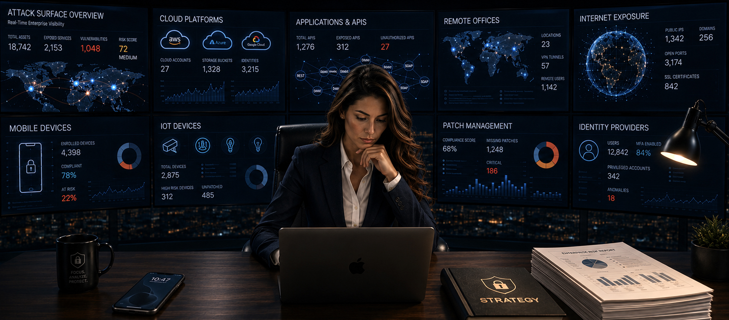 Security leader reviewing an enterprise attack surface dashboard spanning cloud, applications, remote offices, devices, patching, identities, and internet exposure