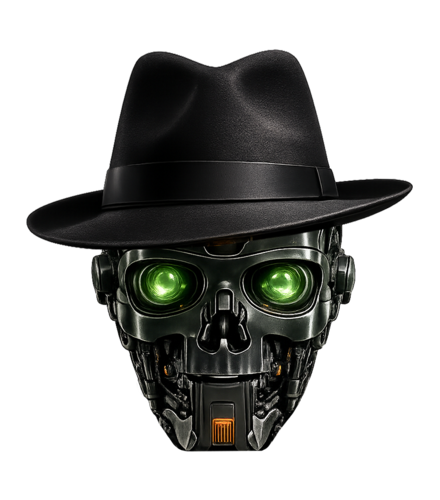 dark web breach robot skull with green lenses